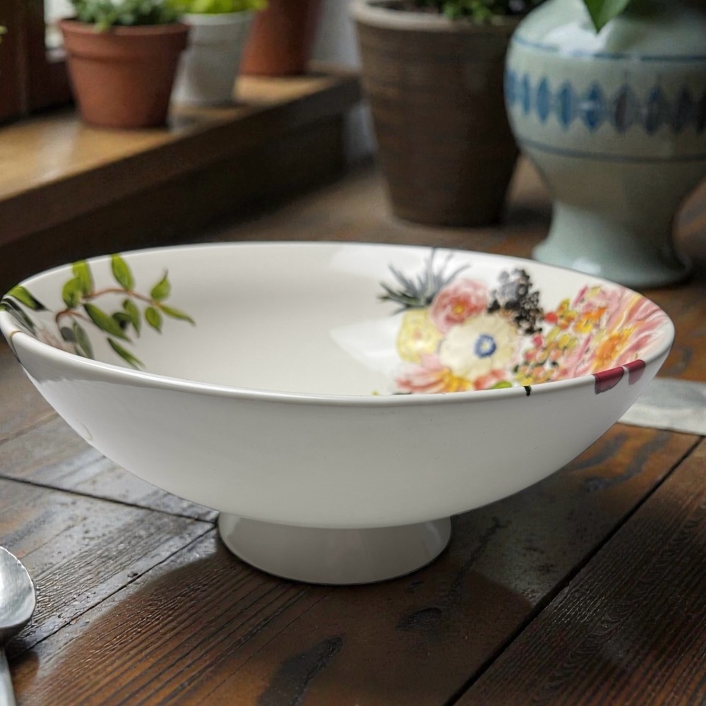 Pottery Barn Fruit Bowl Spring Floral Footed Pedestal Serving Modern CottageCore